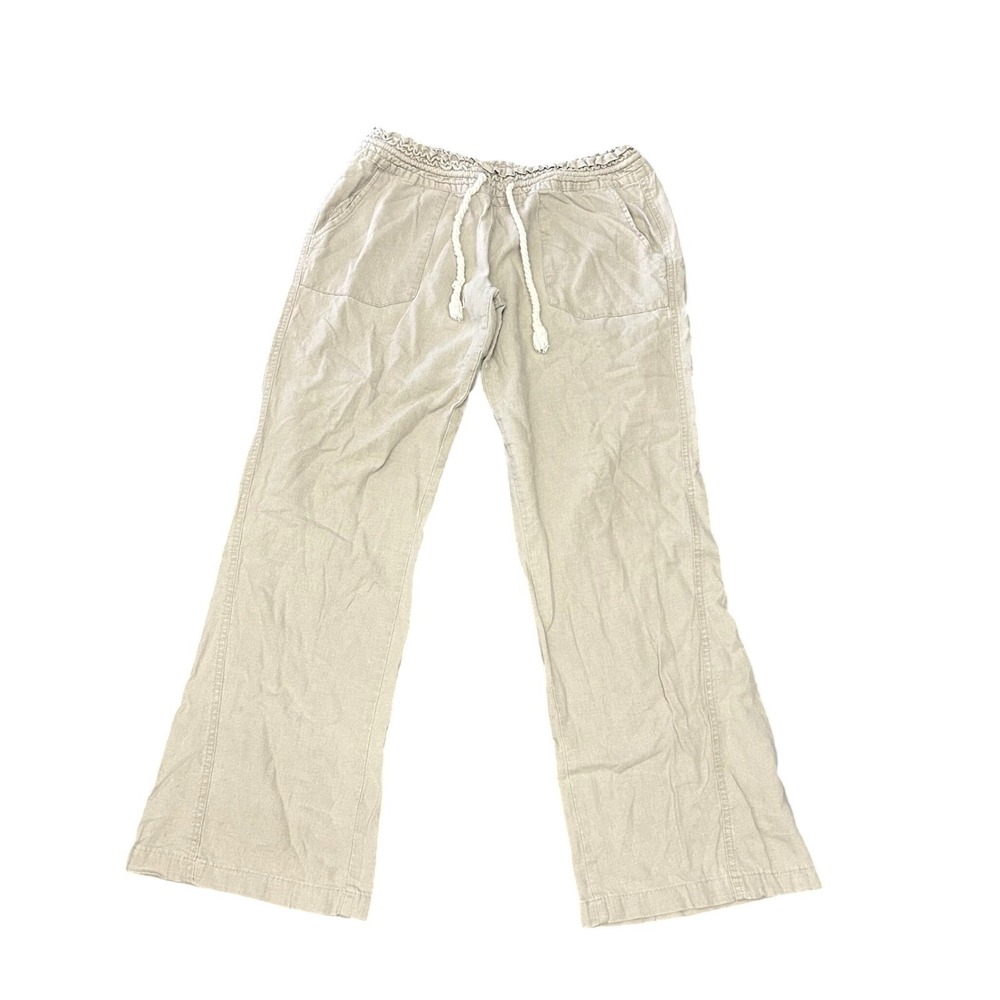 Roxy Ocean Side Linen Blend Pants Beige Wide Leg Smocked Waist Beach Trousers L - Picture 2 of 5